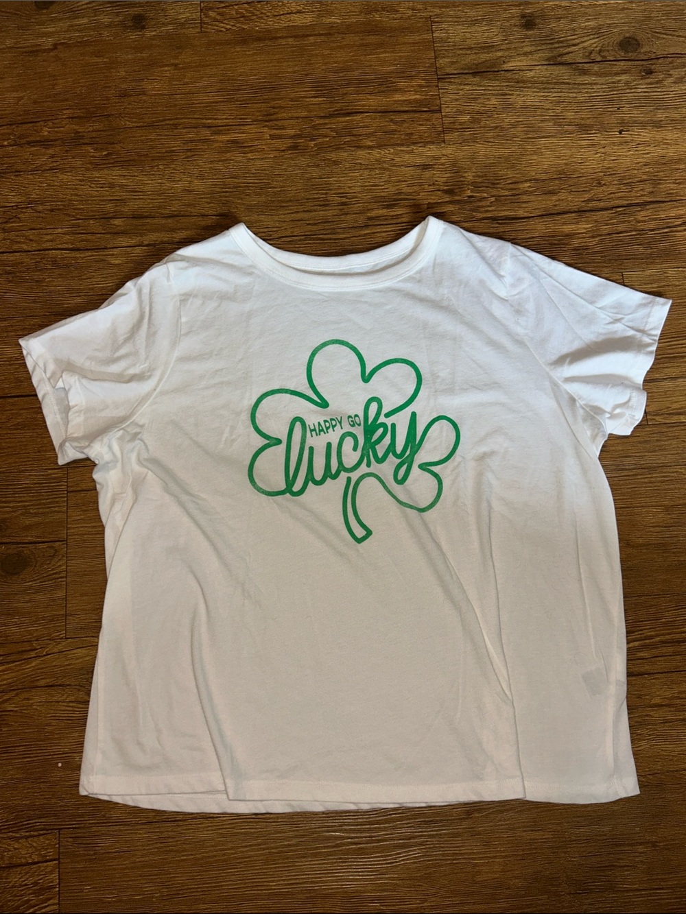 Old Navy White Tee with Green 'Lucky' Shamrock Graphic